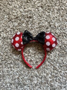 Red Sequin Minnie Ears Headband with Black Bow